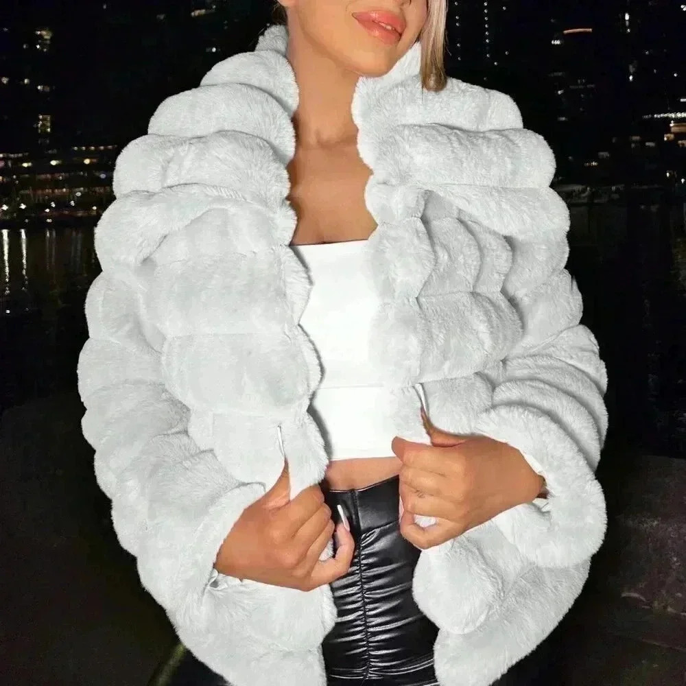 White Preppy Womens Open Front Fuzzy Jacket - Picture 5 of 5